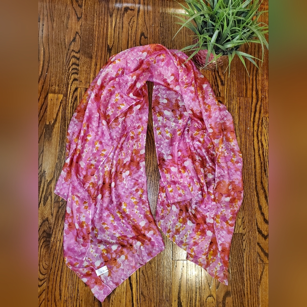 La Fiorentina Floral Pattern Pink & Orange 100% Silk Rectangular Large Scarf